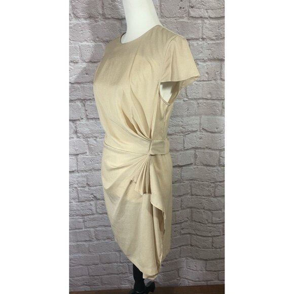 Venus Sheath Dress 10 Beige Tan Gathered Side Elastic Back Short Polyester 9684 - Picture 2 of 9